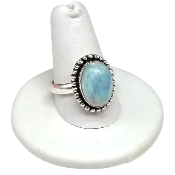 Larimar Ring Size 10 925 Sterling Silver Overlay Natural Stone Blue Oval Boho - Picture 9 of 9